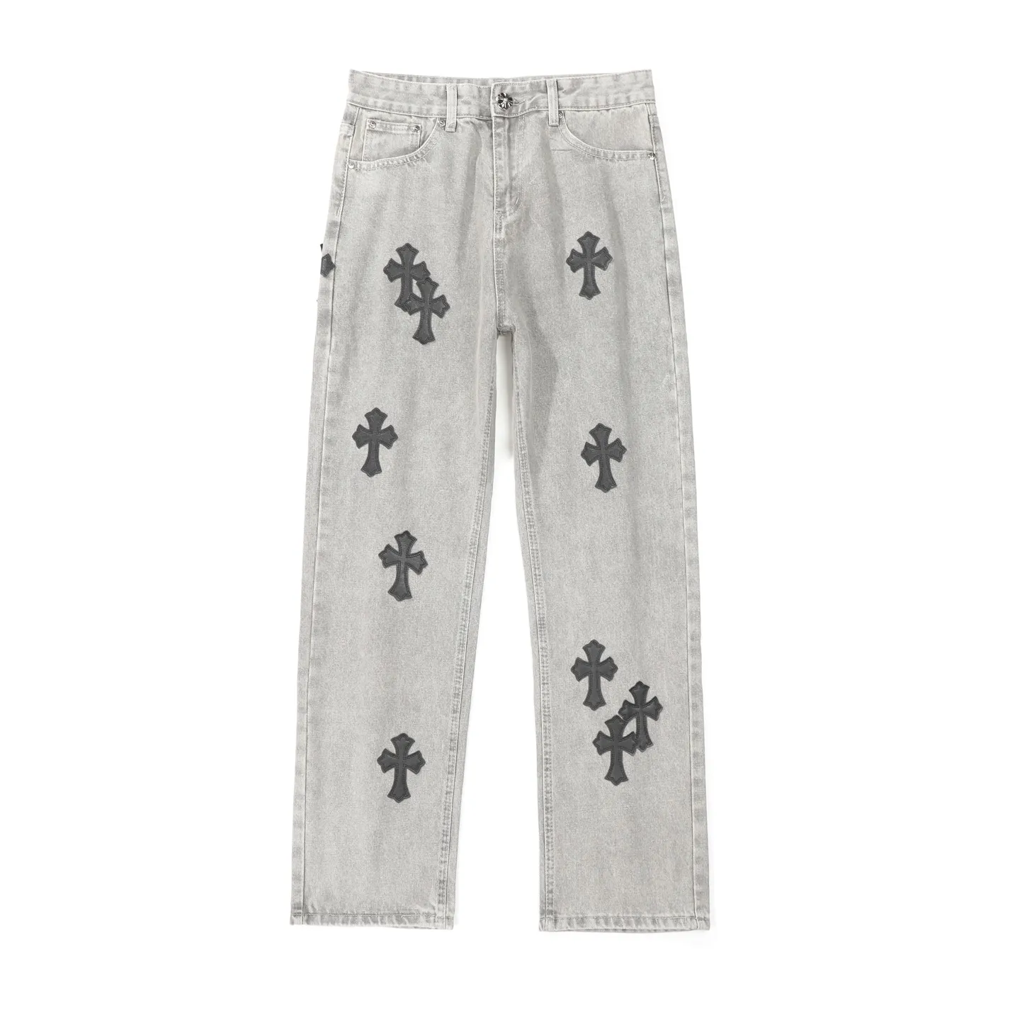 P230 Chrome Hearts CH Chrome Hearts Heavy Industry Damaged High Street Jeans exude unruly personality and unique charm. Every wear and tear is carefully designed to present a unique artistic feel. Made of imported denim fabric, which has undergone heavy industrial washing and damage treatment, the trousers show a super cool effect on the upper body, allowing you to dominate the fashion stage.  This is more than just a pair of jeans, it is an expression of attitude. With its unique design concept and ultimate pursuit of details, Croxin breaks traditional boundaries and defines the jeans trend in the new era. The trousers are made of double-layer woven fabric and matched with customized hardware, showing an incomparably beautiful and unique style, making every wearer the focus of fashion. Imported denim fabric, super heavy-duty washed and damaged, the upper body is super cool! Customized hardware. Unbeatable and beautiful style. The production process is difficult. Full of high street feel. Color: Gray Size: S M L XL XXL